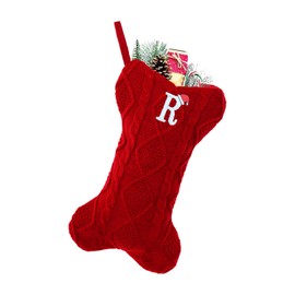 Ulico Dog Stocking with Initials，Bone Shape Christmas Stocking with Letters,Cable Knit Embroidered Monogram Christmas Stocking for Dogs Cats,Xmas Stockings for Pets Red R
