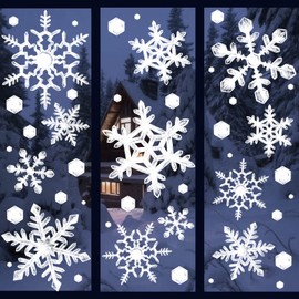 Ivenf Christmas Decorations Indoor, 8 Sheets Extra Large Snowflakes Window Clings for Glass Windows, Realistic White Crystal Snowflakes Christmas Decor for Home Office, Xmas Holiday Party Supplies