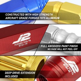 J2 Engineering 16Pcs 7075 Aluminum Open End M12 x 1.25 Lug Nuts w/4Pcs Lock Nuts & Key, Red, Fit Conical Seat, LN-T7-002-125-RD