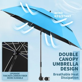 NBtoUS 2 Pack 48.6" Double Canopy Umbrella with Clamp, UPF50+ Beach Chair Umbrella with Clip, 360°Adjustable Portable Outdoor Umbrella, Wheelchair, Patio Chairs, Golf Carts,Camping(Not Include Chair)