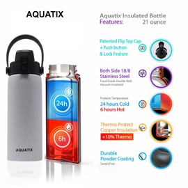 New Aquatix (White, 21 Ounce) Pure Stainless Steel Double Wall Vacuum Insulated Sports Water Bottle Convenient Flip Top Cap with Removable Strap Handle - Keeps Drinks Cold 24 hr/Hot 6 hr