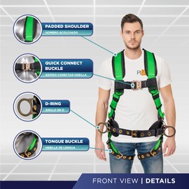 Palmer Safety Fall Protection Full Body 5 point Harness, Padded Back Support, Quick-Connect Buckle, Grommet Legs, Back&Side D-Rings, OSHA ANSI Industrial Roofing Tool Personal Equipment (Green - XLG)