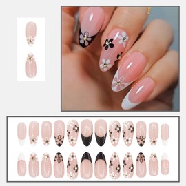 24 Pcs Pink Press on Nails Short Almond - YEFIUO Small Flowers Nail Tips Acrylic Nail Kit Nail Art Fake Nails Press ons with White French Design Full Cover Glossy False Nails Glue on Nails for Women