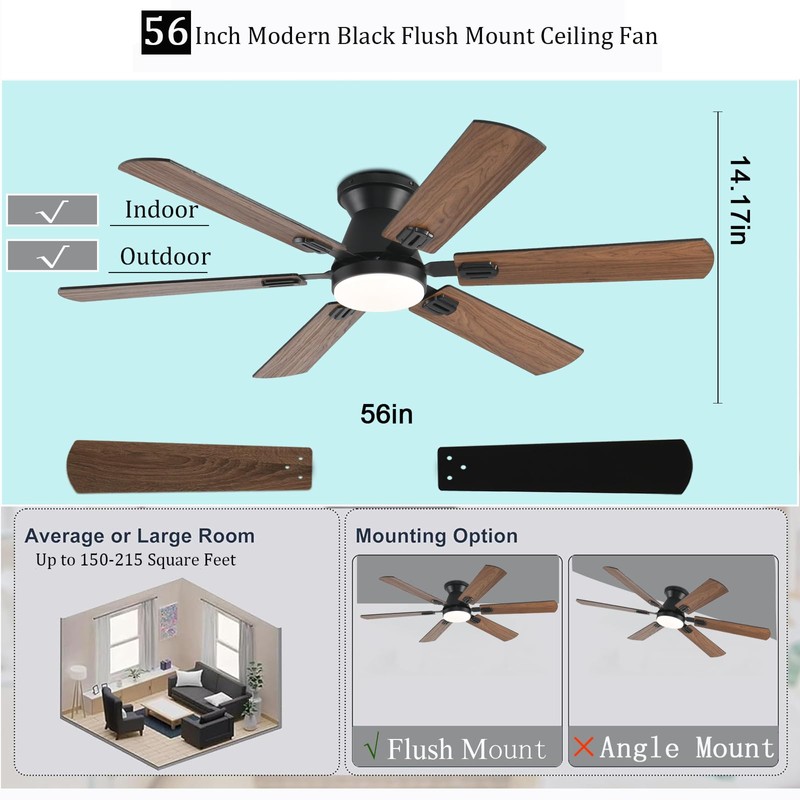 KNUN 56 inch Ceiling Fans with Lights,Brown Flush Mount Ceiling