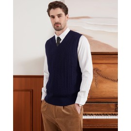 Kallspin Men's Knitted Vest Pulunder Sleeveless Cable Knit V-Neck Wool Blend, navy