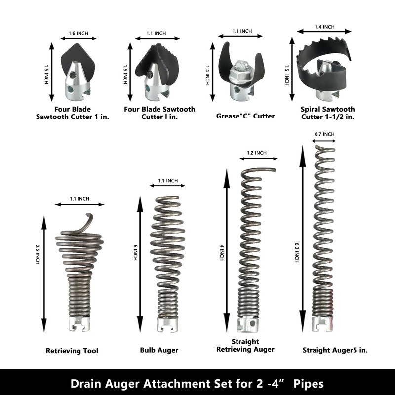 9-Piece Drain Snake Attachment Kit for Heavy-Duty Cables — Professional-Grade