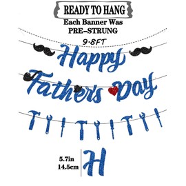Pre-Strung Happy Fathers Day Banner Party Decorations, NO DIY Glitter Fathers Day Banner with Household Tools Garland for Step Dad Grandpa Papa Home Indoor Mantel Wall Room Photo Props Backdrop Decor