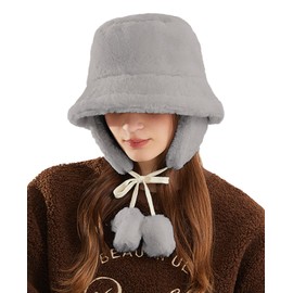 JFAN Women's Winter Plush Bucket Hat Fluffy Soft Warmer Bucket Hat for Girls, gray