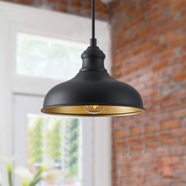 GOALPLUS 10in Dome Outdoor Pendant Barn Lights Black Kitchen Island Pendant Lamp with Brass Interior, Hallway Porch Ceiling Hanging Lights, Farmhouse Style Indoor Pendant Fixture for Home, Ajustable