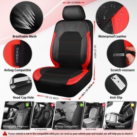 CAR PASS Leather Car Seat Covers Front Seats Only, with Air Mesh Front Seat Covers Breathable, Cool Automotive Seat Covers 2 Pack, Universal Fit Most Cars,SUV,Truck,Van Airbag Compatible(Black & Red)