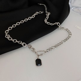 TseenYi Black Square Necklace Silver Curb Chain Choker Necklace Square Pendant Necklace Punk Chunky Necklace Chain Link Chain Jewellery for Women and Girls Gifts