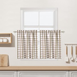 Buffalo Plaid Cafe Curtains 36 Inches Long, Beige Buffalo Check Kitchen Tier Curtains, Farmhouse Gingham Rod Pocket Short Tier Curtain for Kitchen Bathroom Window, 28" x 36", Linen, Set of 2