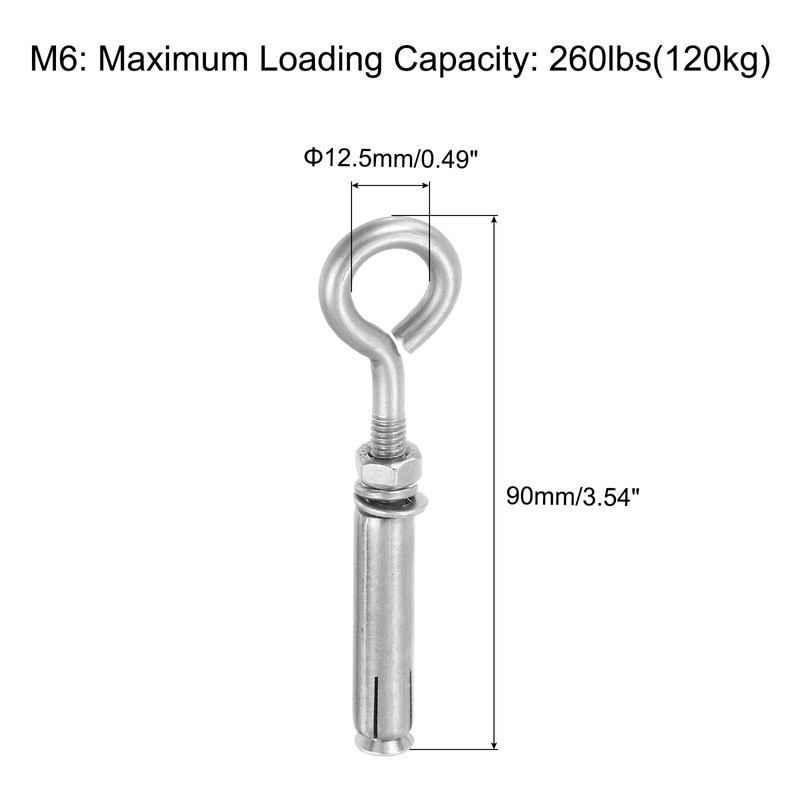 sourcing map 10Pcs M6 304 Stainless Steel Expansion Eyebolt, Closed