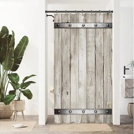 Yookeb Barn Door Wooden Stall Bathroom Shower Curtain Small Half Wood Vintage Farmhouse Country Rustic 36W by 71H Inch Polyester Fabric 12 Plastic Hooks Waterproof Decor