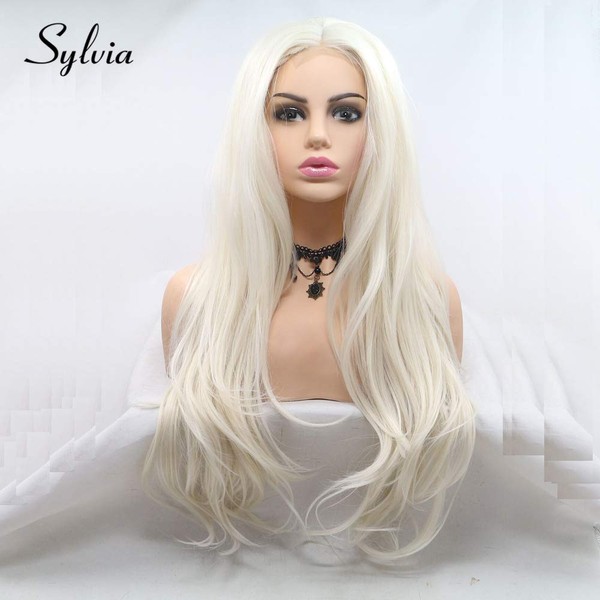 Sylvia 24" Platinum Blonde Natural Wave Synthetic Machine Made Wigs Middle Parting Glueless U Part lace Heat Resistant Fiber