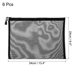 MECCANIXITY Mesh Zipper Bags, A4 Nylon Zip Pouch Pencil Case Storage Pockets for Travel Office Accessories, Black Pack of 6