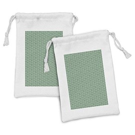Ambesonne Antique Oriental Fabric Pouch Set of 2, Continuous Eastern Style Simplistic Leaves Arrangement Pattern, Small Drawstring Bag for Toiletries Masks and Favors, 9" x 6", Jade Green and White