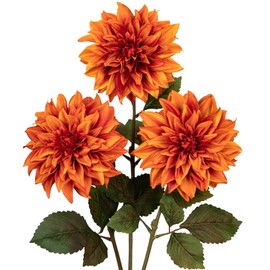 3Pcs Orange Artificial Dahlia Flowers Fall Fake Flower Silk Flowers with Long Stem 27.5" Floral Arrangements Bouquets Autumn Faux Dahlias Flowers for DIY Wedding Party Centerpieces Home Decor