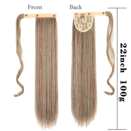 Straight Ponytail Extension, 22Inch Long Drawstring Straight Hair Extensions Natural Soft Synthetic Pony Tail Hairpiece for Women Girls (12H613 Medium Brown Mixing Blond）