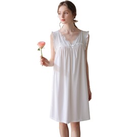 Nanxson Women's Knitted Cotton Nightdress Sleep Shirt Sleeveless Night Dress Lace V-Neck Sleepwear Loungewear, White
