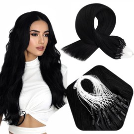 Full Shine Pre-bonded Hair Extensions Micro Loop Human Hair Extensions Beads 20 Inch Color 1 Jet Black Fish Line Beads Cold Fusion Micro Link