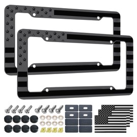 NJNYLLC Black American Flag License Plate Frame- Front Rear Patriotic USA ‌Car Tag Frames, 2 Pack 4 Hole Subdued 3D Embossed Stars and Stripes Plastic Holder with Mounting Hardware Kit