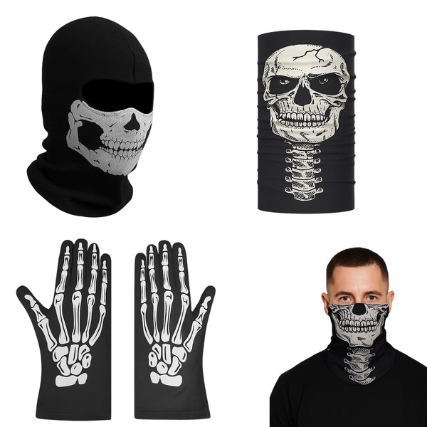 3-Piece Skull Mask Set, Ghost Face Mask with Skeleton Gloves