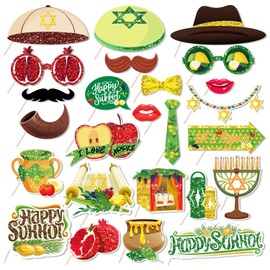 LOONELO 25pcs Multicolor Sukkot Photo Booth Props Kit, Jewish Holidays Photo Props, Sturdy Paperboard & Wood, Happy Sukkot Festival Decorations