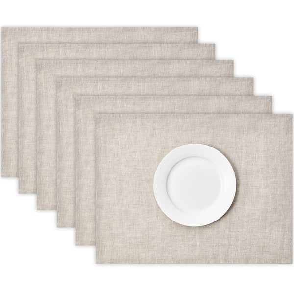 DAPU Pure Linen Dinner Placemats Set of 6, 46 x 30cm, 100% French Flax Washable Place mats, Natural Linen Colour