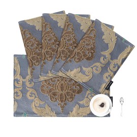 Loom and Mill Luxury Damask Placemats Set of 4, Traditional Jacquard Table Place Mats for Dining Table Kitchen Room Holiday Banquet Decoration, Double Layer Dining Table Mats(12"x18",Grey Blue)