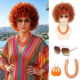Women Short Curly Orange Red Wig Set Sunglasses for 70s Halloween Cosplay
