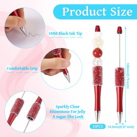 Beadthoven 10pcs Sugar Diamond Beadable Pens, Christmas Red Bling Rhinestone Beaded Pens DIY Crystal Shaft Black Ink Ballpoint Pens for DIY Craft Making Supplies Gift Office School