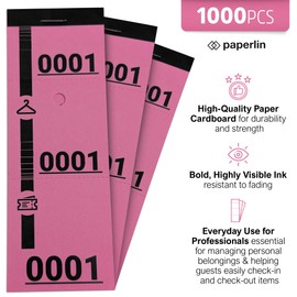 1000 Coat Tags Made of Durable Cardboard, Ideal for Wardrobe Management, Events, Receptions, Tickets, 5 x 14 cm, Perforated & Pre-Cut into Three Pieces, 20 Sets of 50 Tickets, Pink
