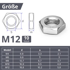 ORTAVA Hex Nuts M12 (Low Shape, with Chamfer), Pack of 10 M12 Nut DIN 439/ISO 4035 Stainless Steel A2 V2A, Flat Nuts M12 for Screws, Threaded Bolts, Furniture, Machines