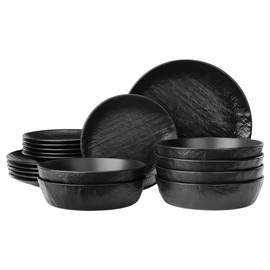 Navaris Linen Artisan Stoneware Dinnerware Sets (18 Pieces) - Dishwasher and Microwave Safe Plates and Bowls Sets for 6 with Dinner Plates, Side Plates, and Pasta Bowls - Charcoal Black