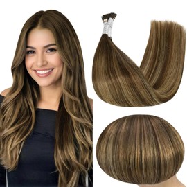 Full Shine Human Hair Extensions Itip Hair 16 Inch Ombre Balayage Itip Extensions Middle Brown to Caramel Blonde 4/24/4 Remy Hair Pre Bonded Hair Extensions for Women 0.8g/Strand 40Grams