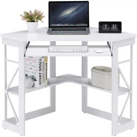 Vecelo Home Office Table Corner Desk Laptop Computer  Table Keyboard Tray & bookShelf - White