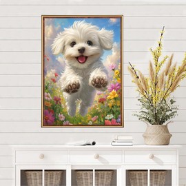MEIYUDA Dog Diamond Art Painting Kit, 5D Cute White Doggy Diamond Painting Kits for Adults Beginners, DIY Round Full Drill Gem Art and Crafts for Home Wall Decor Present 30x40cm