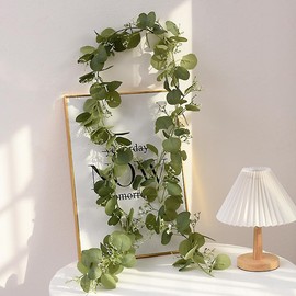 Pack of 2 Artificial Eucalyptus Garland, 180 cm Long Artificial Eucalyptus Decoration, Artificial Garland Hanging Plant for Centrepiece, Party, Table Decoration, Wedding Decoration (60 Leaves Rattan B