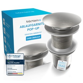 Bächlein Universal Drain Fitting without Overflow (Brushed Stainless Steel) - Pop Up Valve for Sink and Washbasin - Brass Drain Valve with Installation Instructions (English language not guaranteed)