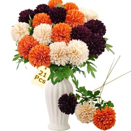 YILIUFA 21Pcs Artificial Chrysanthemum Ball Flowers Fake Mums Silk Pom Pom Floral Arrangements with Long Stems for DIY Autumn Wedding Bouquet Home Kitchen Table Centerpiece Decor (Mixcolor)