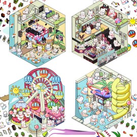 4 Sets DIY 3D Fun Mini House Scene Stickers with Tweezer Make Your Own Beach Surfing Shopping Amusement Park Sticker Scenes Cute Animal Theme Craft Micro Stickers for Relief Stress Pass The Time
