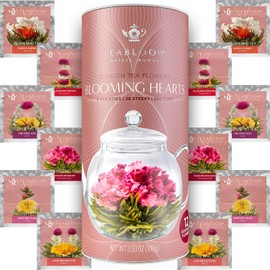 Teabloom - Tés con flores en forma de corazón - 12 flores de té variadas - Té verde + jazmín, granada, fresa, rosa, litchi y melocotón