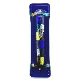 Tamara Baskin Art Glass Twelve Tribes Mezuzah - Midnight Blue Art Glass with Twelve Shimmering Fused Glass Gift Box and Non-Kosher Scroll Included Hand Made in The USA