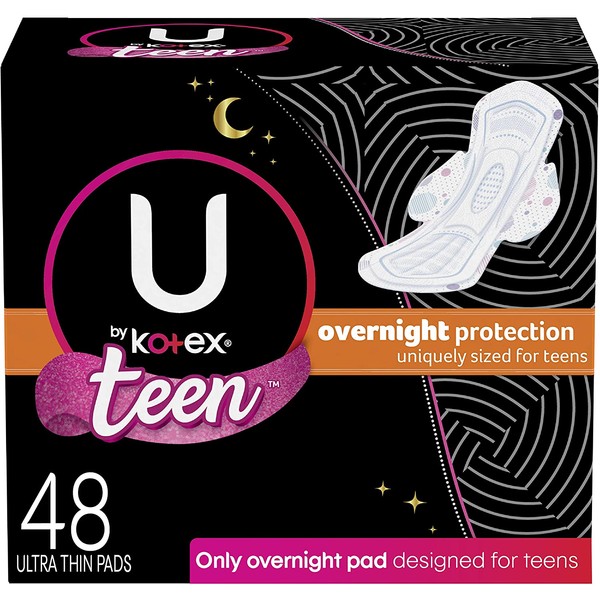 U by Kotex Ultra Thin Teen Feminine Pads with Wings, Overnight Protection, Unscented, 48 Count (4 Packs of 12) (Packaging May Vary)