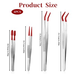 TIESOME 4-teiliges Pinzetten Set mit Gummispitzen, Edelstahl Spitzpinzette, Präzisionspinzette für Basteln, Schmuckherstellung, Elektronik, Wimpern Briefmarken(Rot)