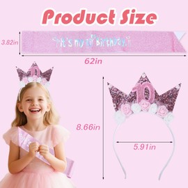 10th Birthday Sash & Crown for Girls, Glitter Princess Sash Hairband Set, 2 PCS Birthday's Decorations for Girls, Pink Flower Headband Birthday Party Decorations for Children