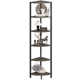 IRCPEN 6 Tier Corner Shelf 63.1" Tall Ladder Corner Storage Shelf Rack Grey Woodgrain Industrial Standing Bookshelf Shelf Organizer Display Rack Bookcase Plant Stand for Living Room Bedroom CS-001GW
