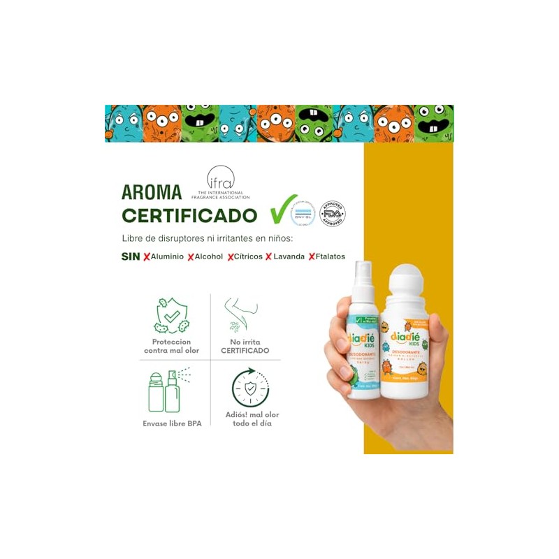 DIADIE KIDS Desodorante natural para Niños, Rollon y Atomizador 2