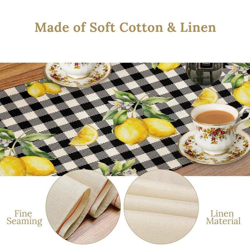 Fresh Lemon Table Runner, Yellow Lemon Black White Buffalo Check